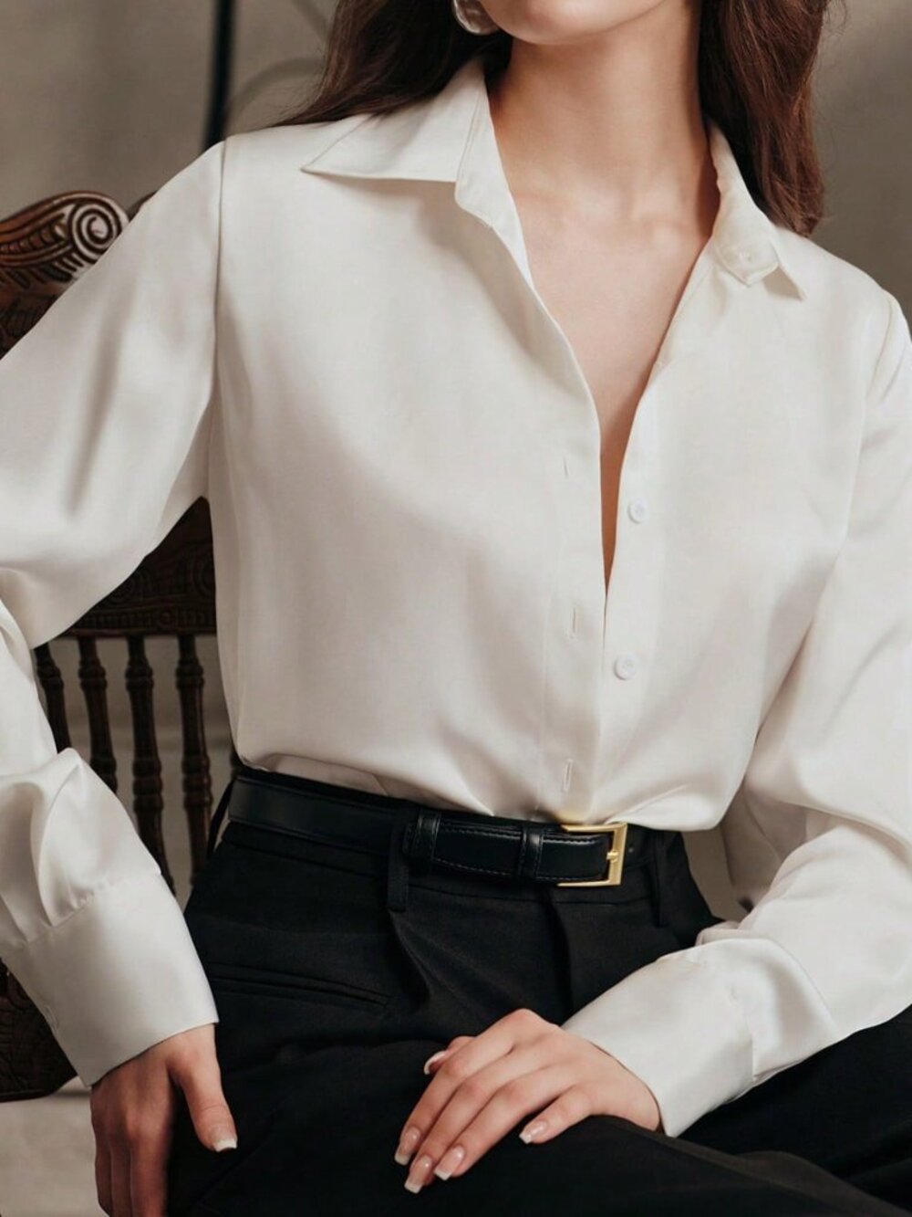 White Elegant Women's Pearl Draped Long Regular Fit Asymmetrical Hem Top